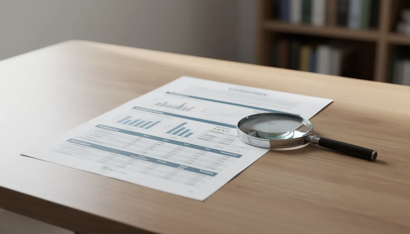 A magnifying glass over a university rankings document on a desk