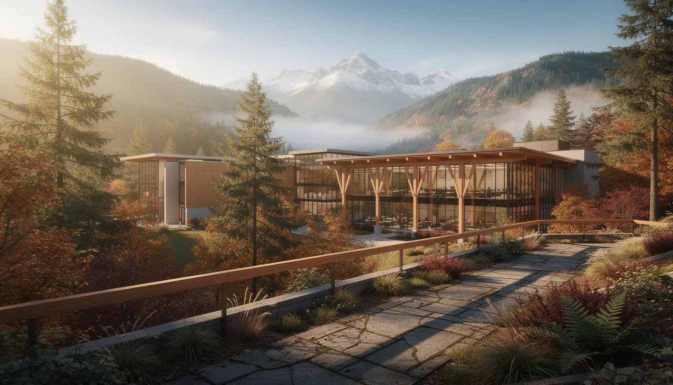 University campus set in Pacific Northwest mountains surrounded by evergreen forest