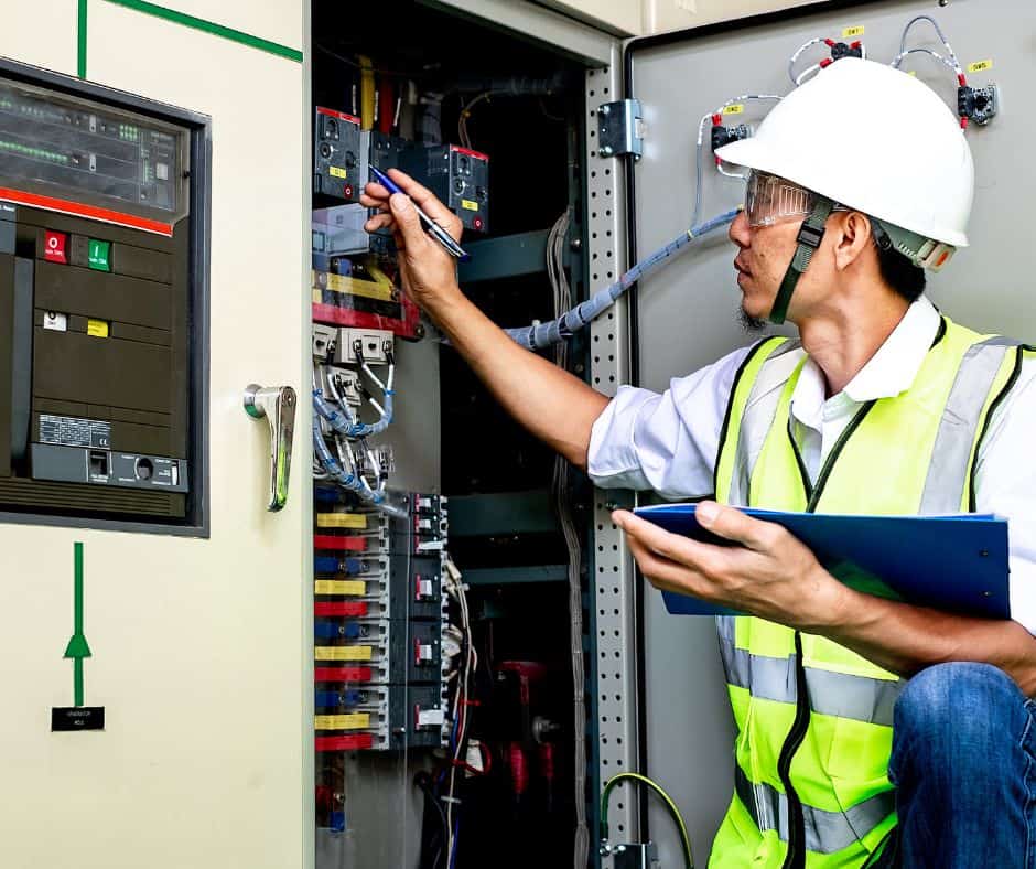 electrical engineer working on a wall panel