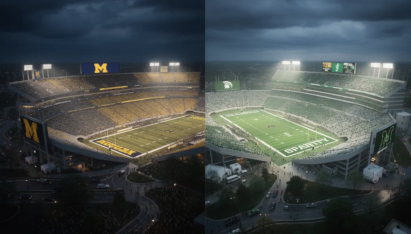 Michigan Stadium and Spartan Stadium side by side representing the Michigan vs Michigan State rivalry