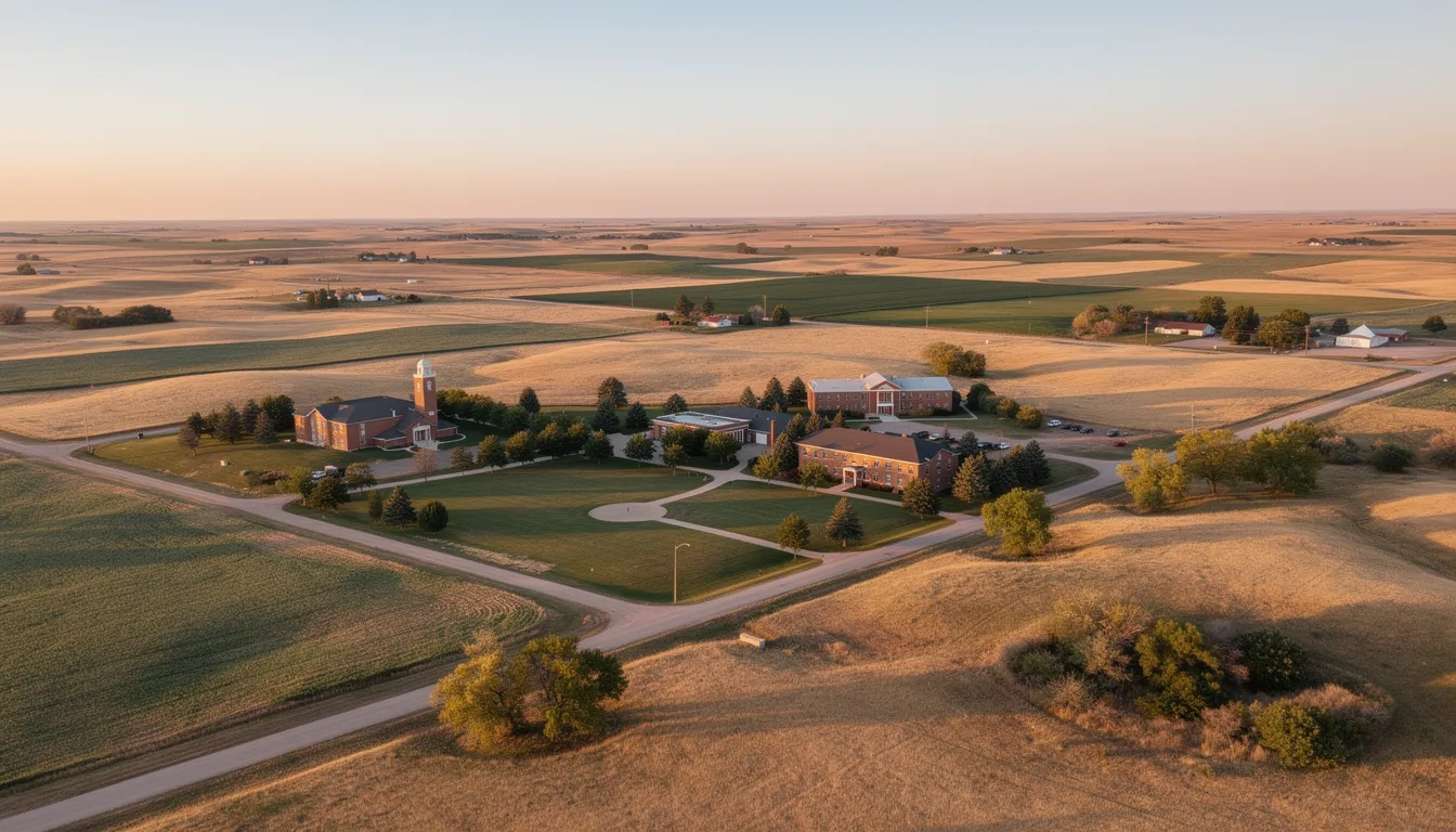 Aerial view of a South Dakota college campus on the Great Plains