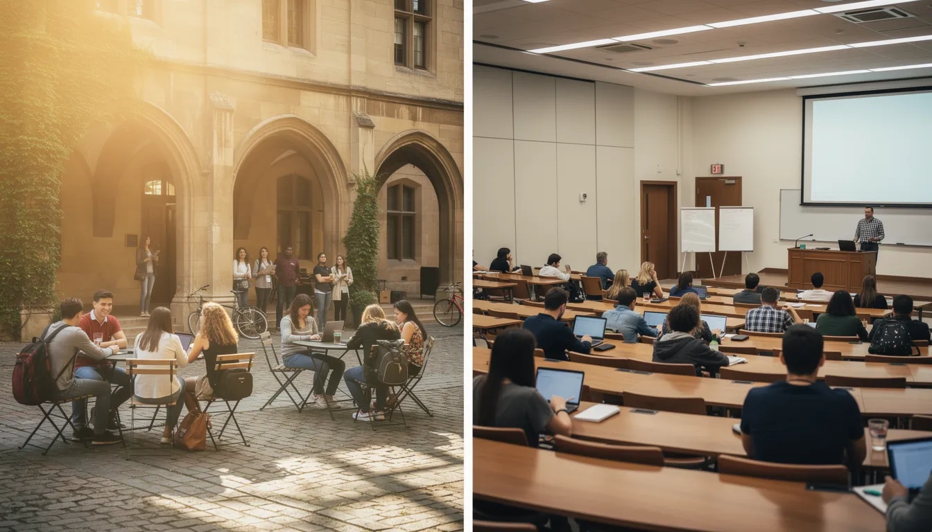 Split-screen of a vibrant overseas campus courtyard on one side and a generic American lecture hall on the other, illustrating institutional contrast