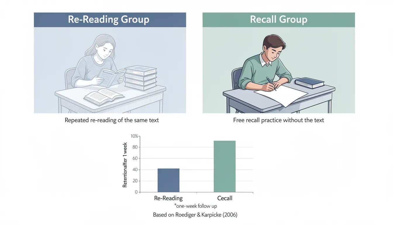 Diagram comparing re-reading versus active recall groups in the 2006 Roediger-Karpicke study, showing the recall group retaining far more information after one week.