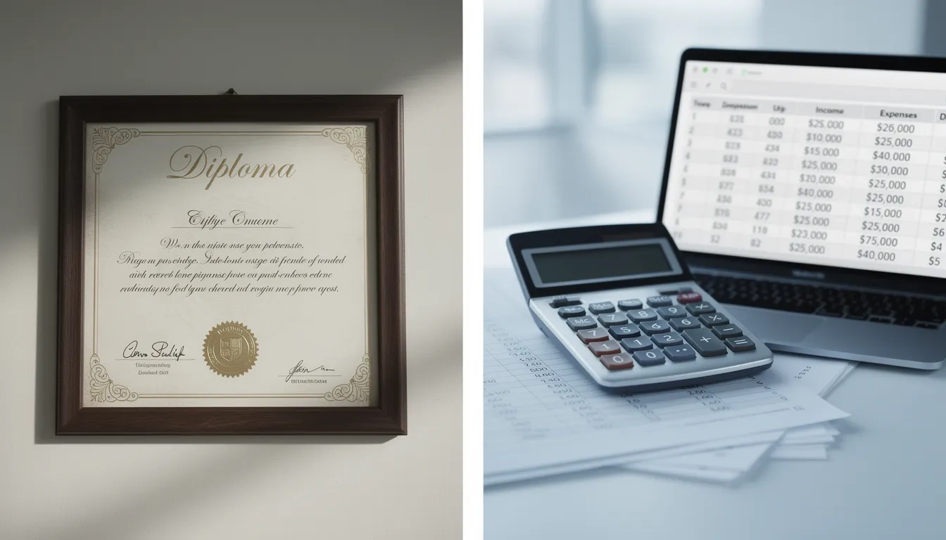 College diploma next to a financial calculator representing ROI calculation