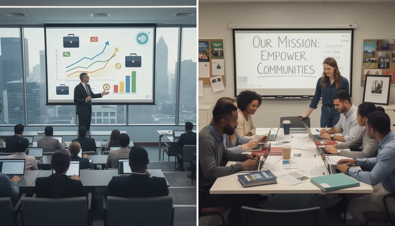 Contrast between a traditional MBA classroom and a nonprofit management seminar setting