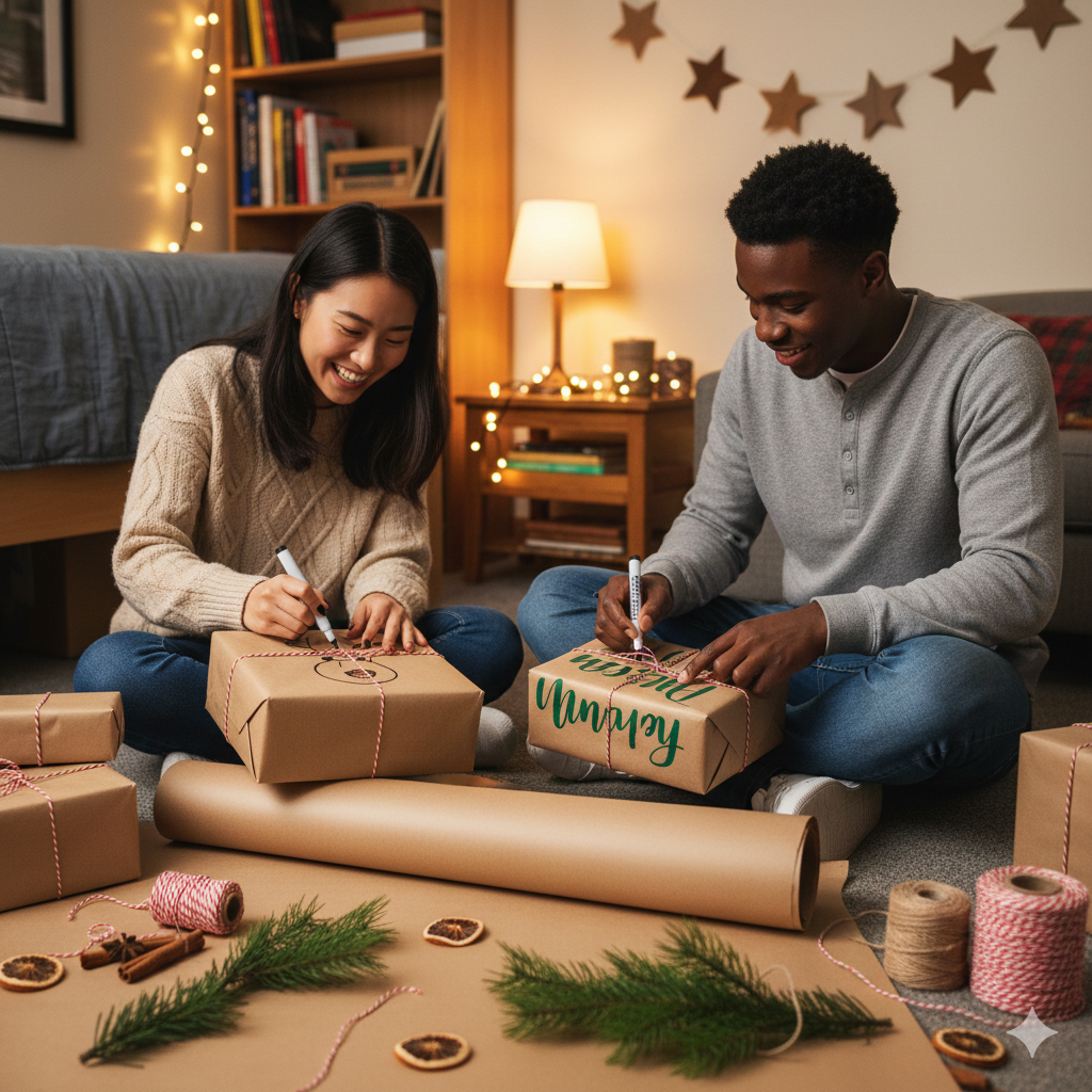 students wrapping gifts with butcher paper