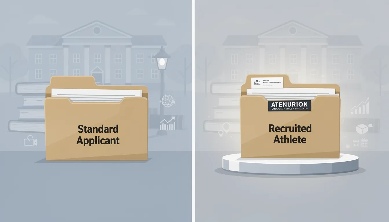 Two college application folders side by side, with the recruited athlete folder elevated above the standard applicant folder