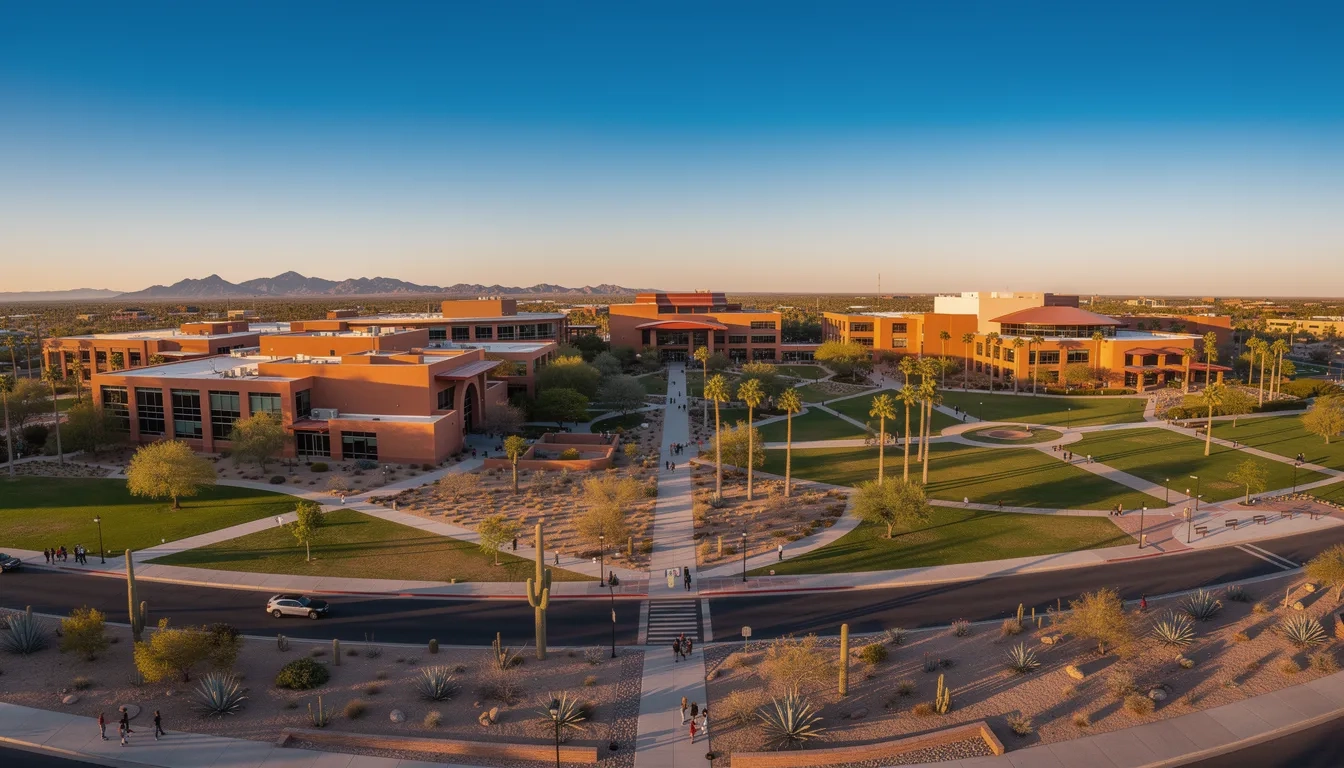 Aerial view of a Southwest university campus at golden hour
