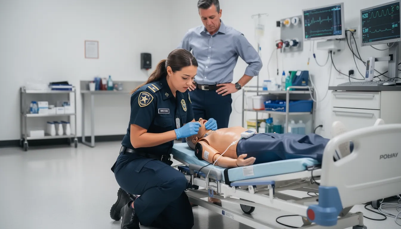 EMS student practicing emergency medical procedures in a training lab