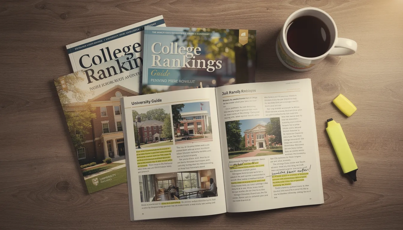 College ranking guidebooks spread on a desk with a coffee mug