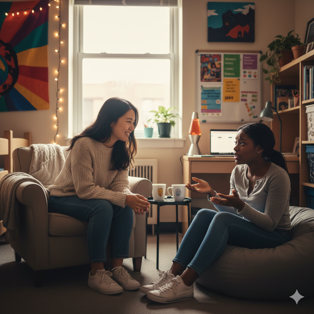 student talking with her resident advisor (RA) about why she is feeling alone