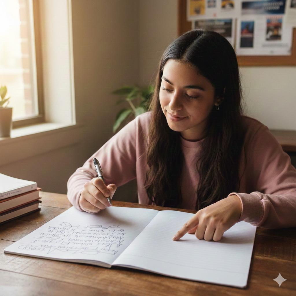 Student writing her New Year's goals down
