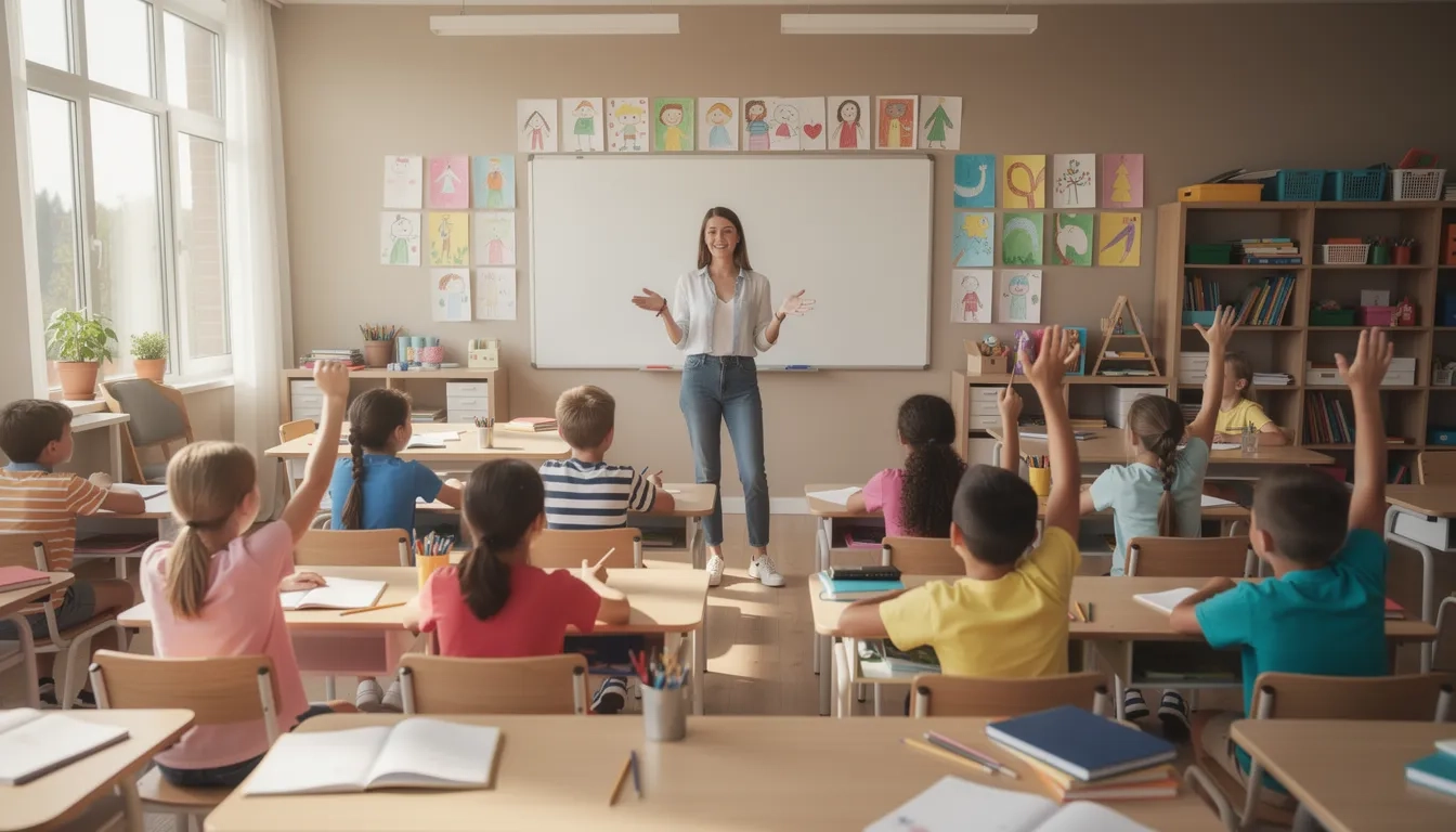 Student teacher leading a lesson in a modern elementary classroom