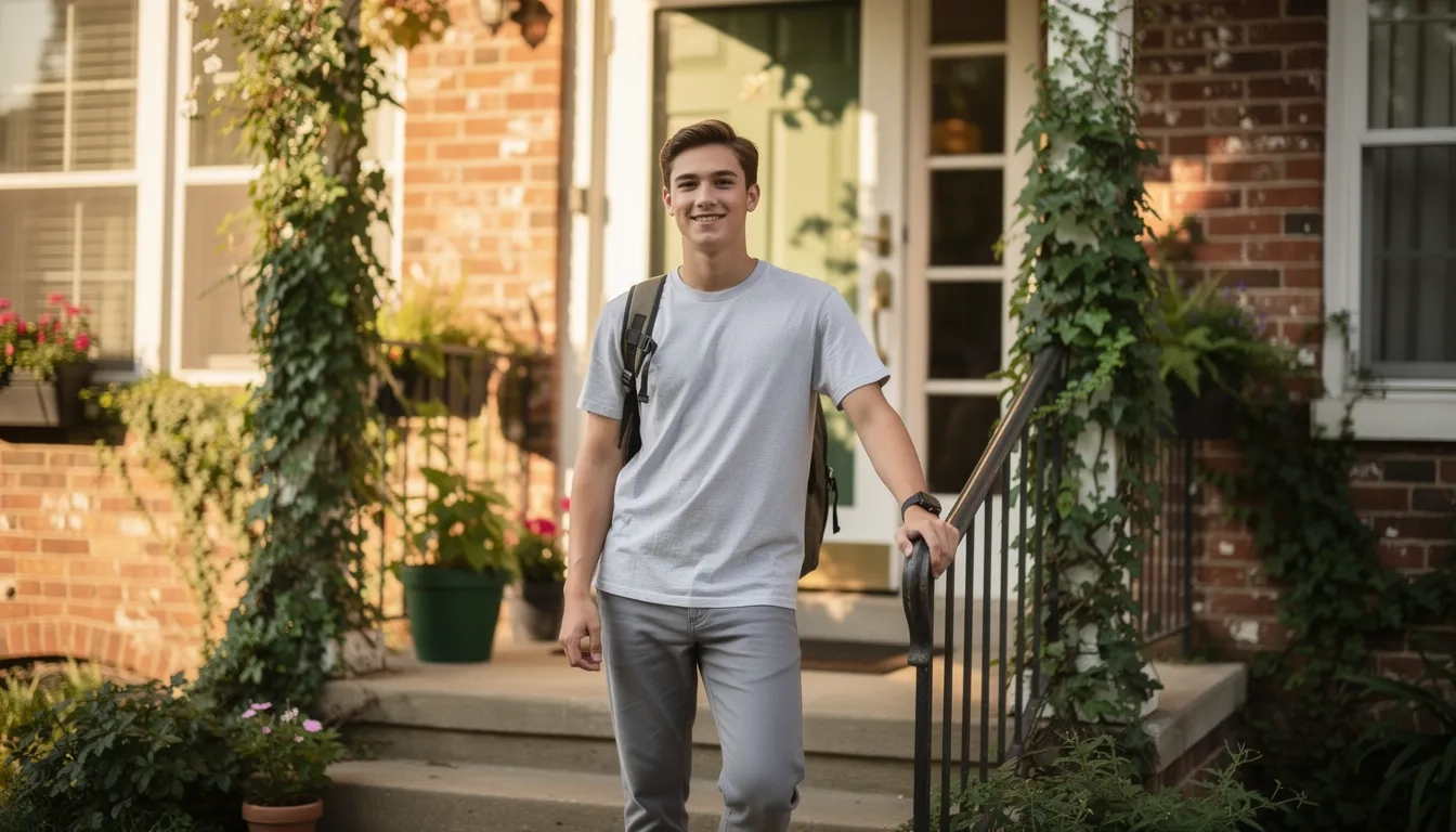A college sophomore standing outside an apartment building with a backpack, looking confident and independent
