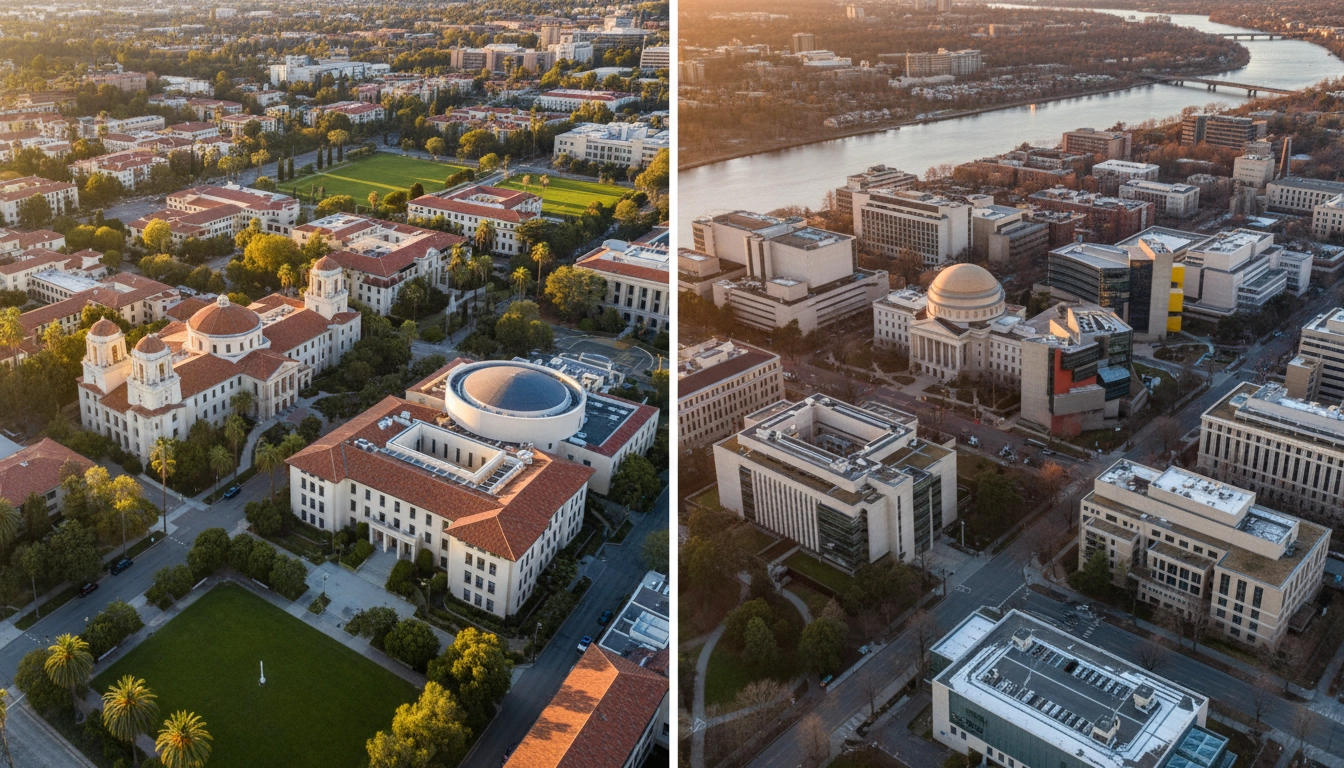 Aerial comparison of Caltech and MIT campuses