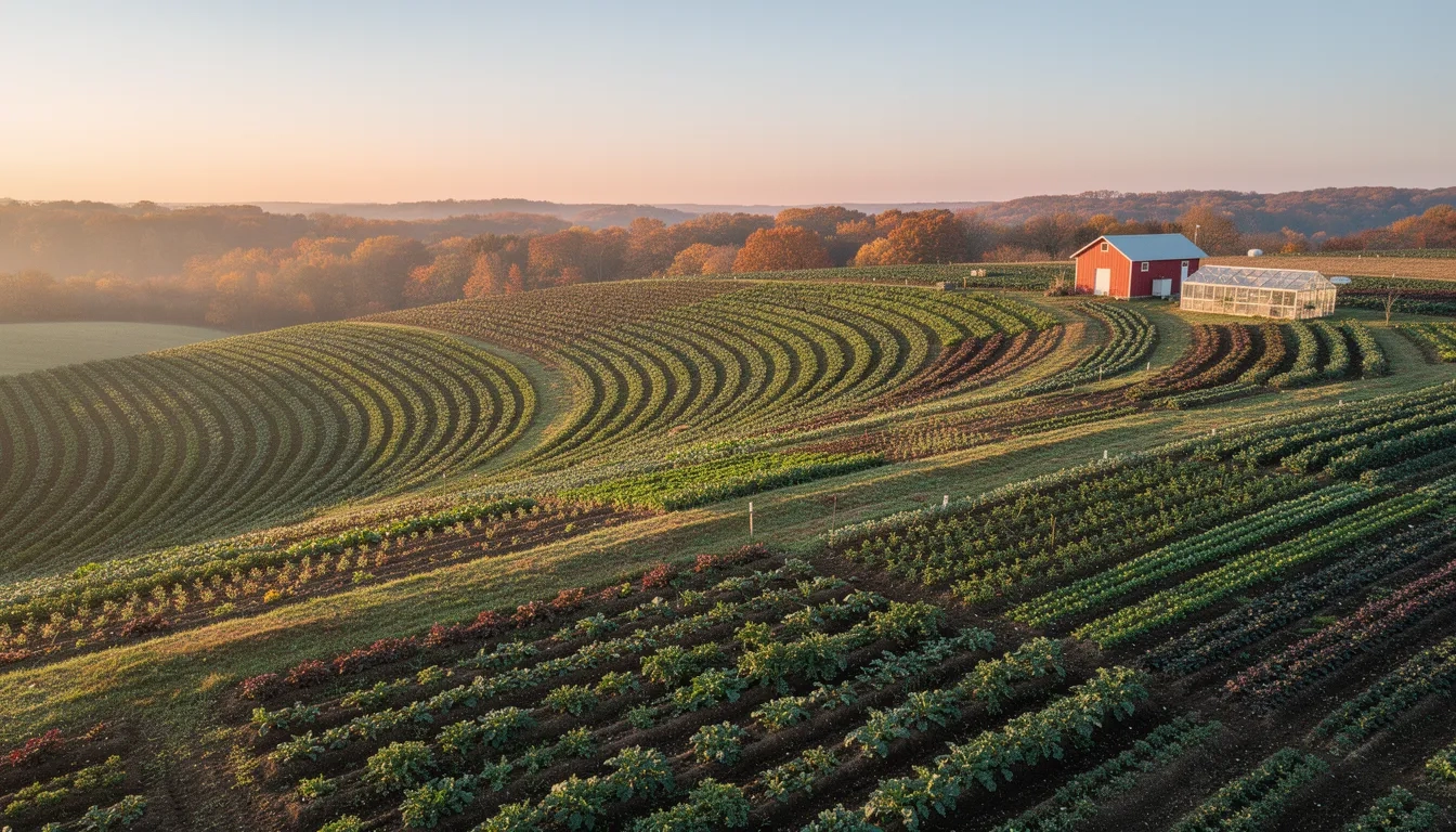 Aerial view of golden-lit terraced farmland with crop rows and a distant barn