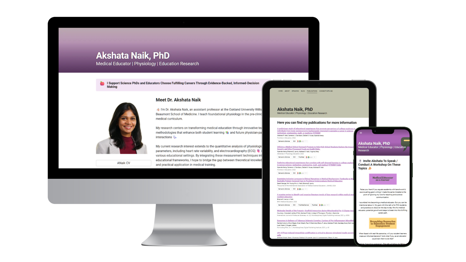 Akshata Naik Website on Desktop (homepage), tablet (publications page) and mobile (speaking page) screens