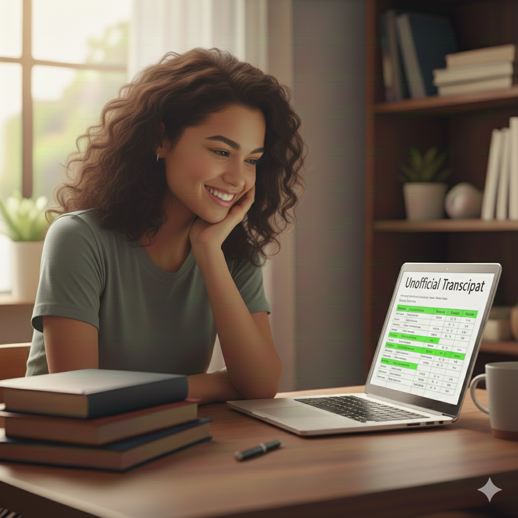 happy student looking at her high school transcript 