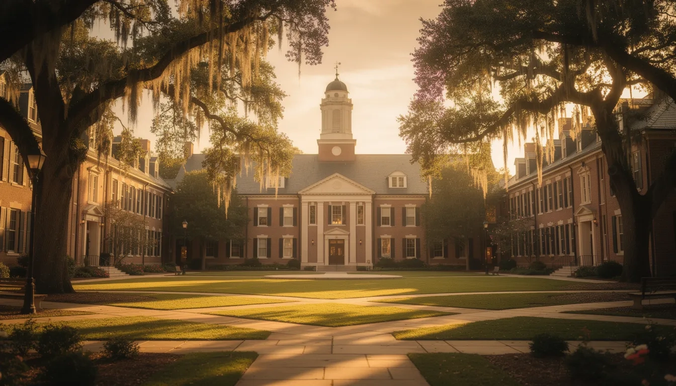 Sunlit university quadrangle with brick buildings and oak trees, symbolizing top Southeast colleges
