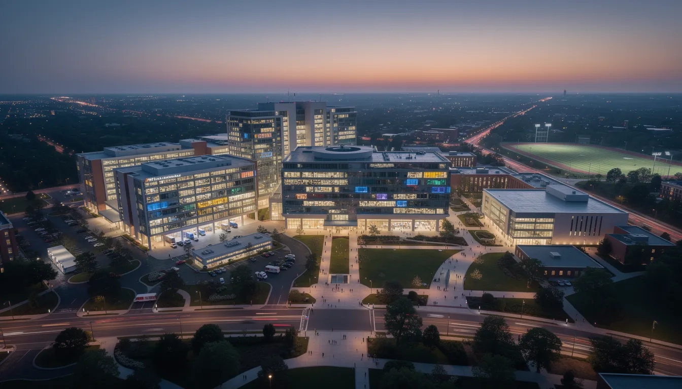 Aerial view of a large American research university campus at dusk