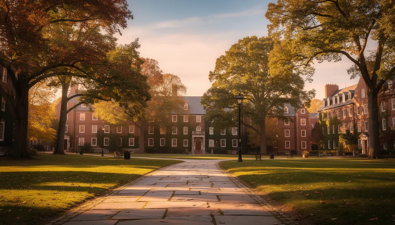 Historic New England university quad at golden hour in autumn
