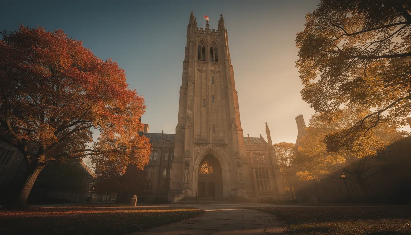 Gothic Revival university tower at golden hour