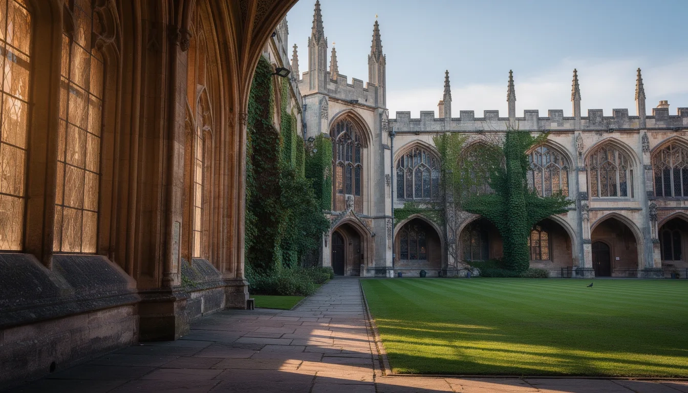 Gothic-style university quadrangle with stone arches and spires in golden light