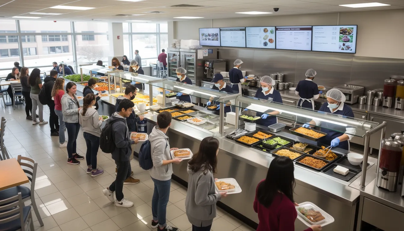 Students in line at a large university dining hall with food service workers behind stainless steel counters