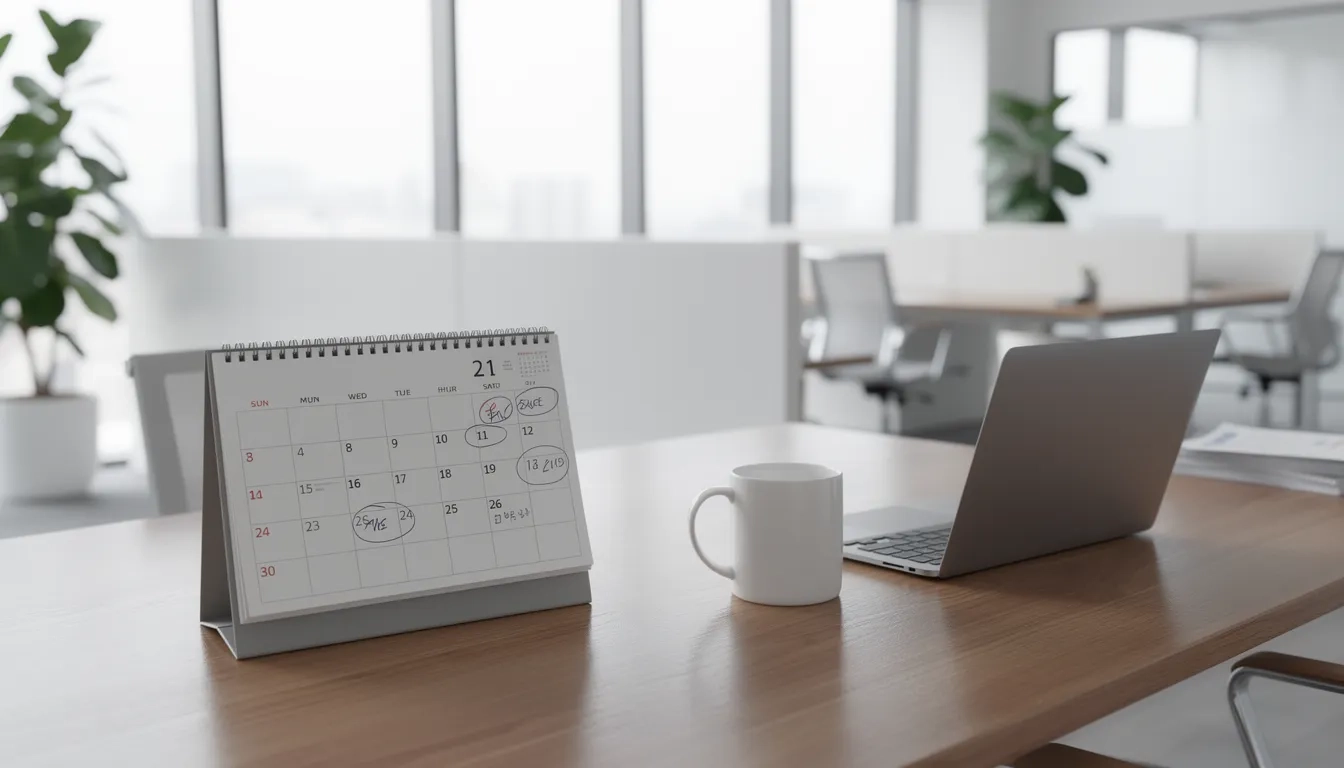 Calendar and laptop on a corporate desk representing promotion timelines
