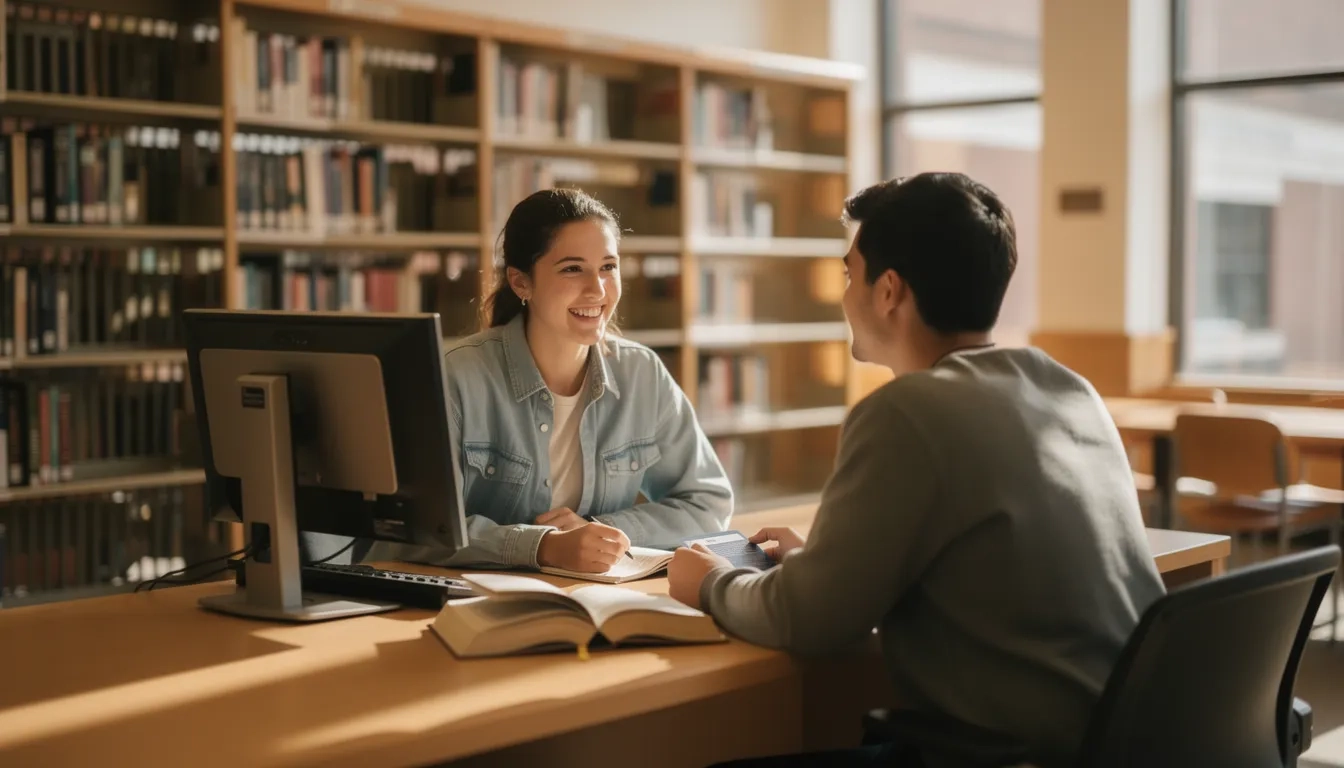 College student working a work-study job at a campus library help desk