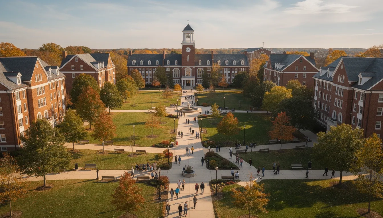 Aerial view of a public university campus with students on walkways