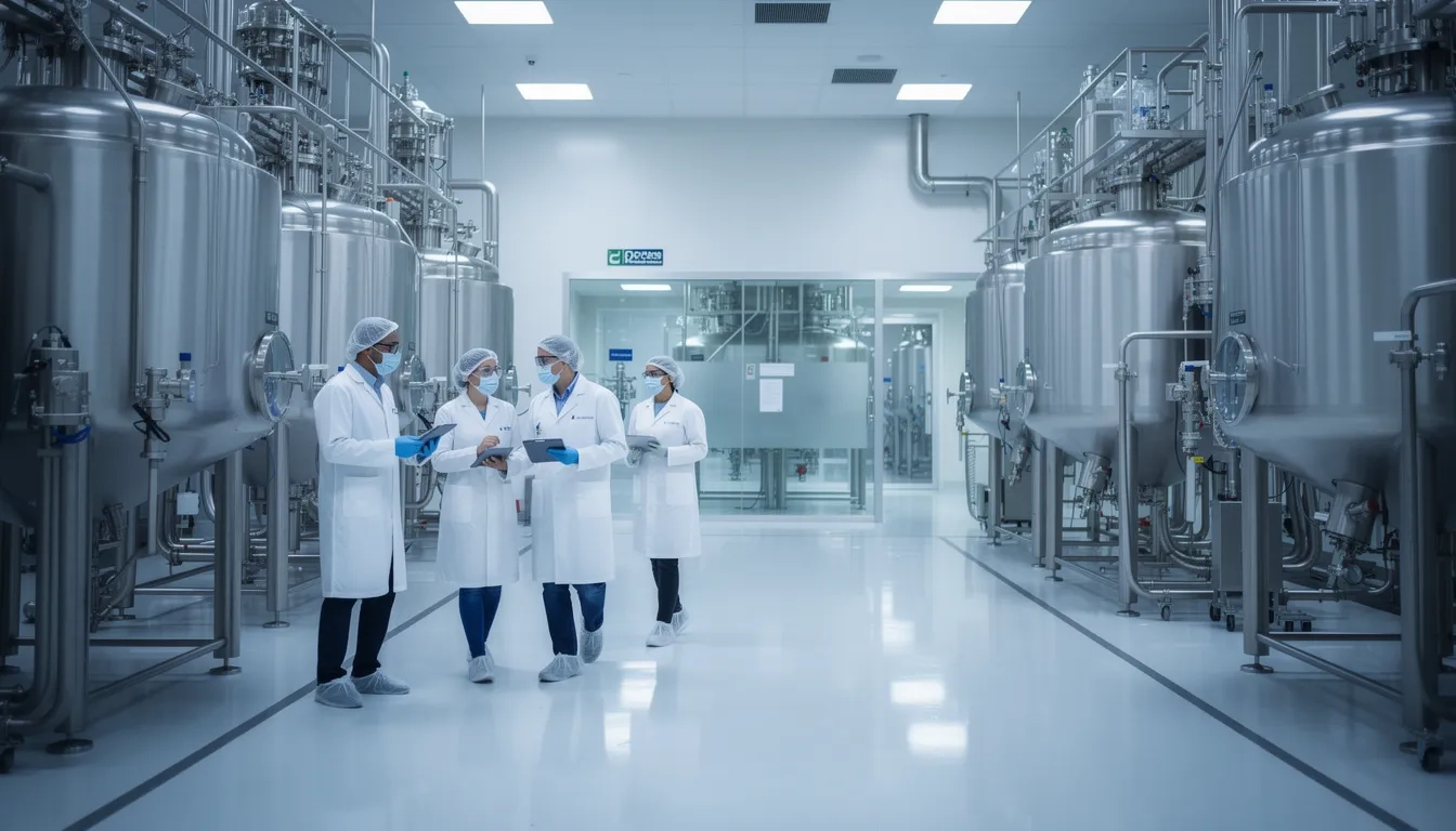Interior of a modern pharmaceutical manufacturing facility with scientists and engineers