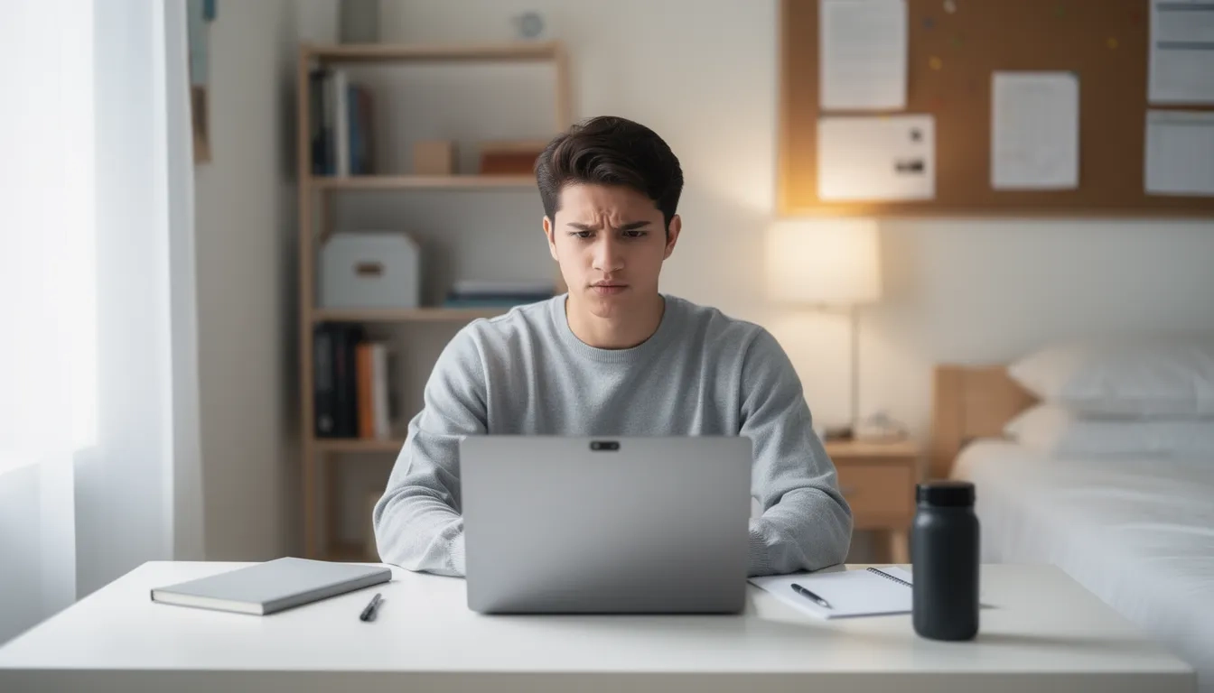College student taking an online proctored exam at home with a laptop and webcam