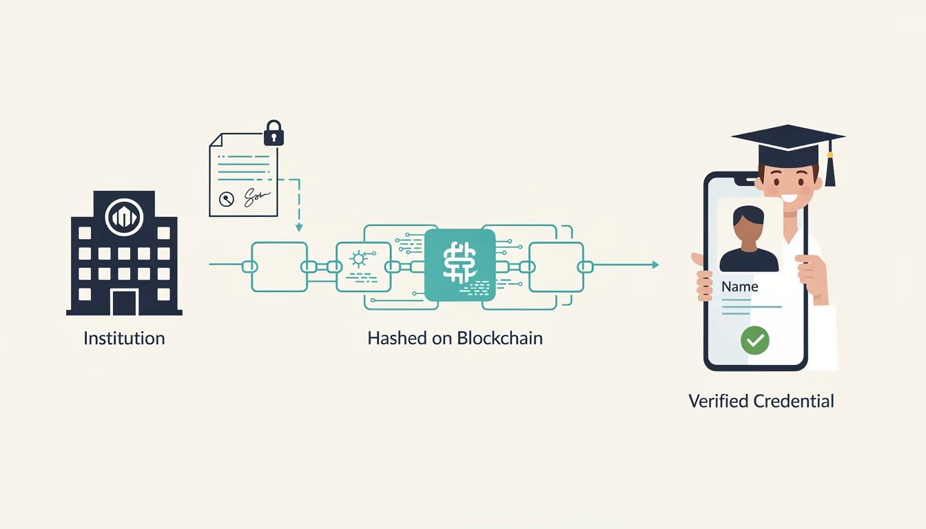 Diagram showing how a university issues a blockchain-verified credential to a graduate via a distributed ledger