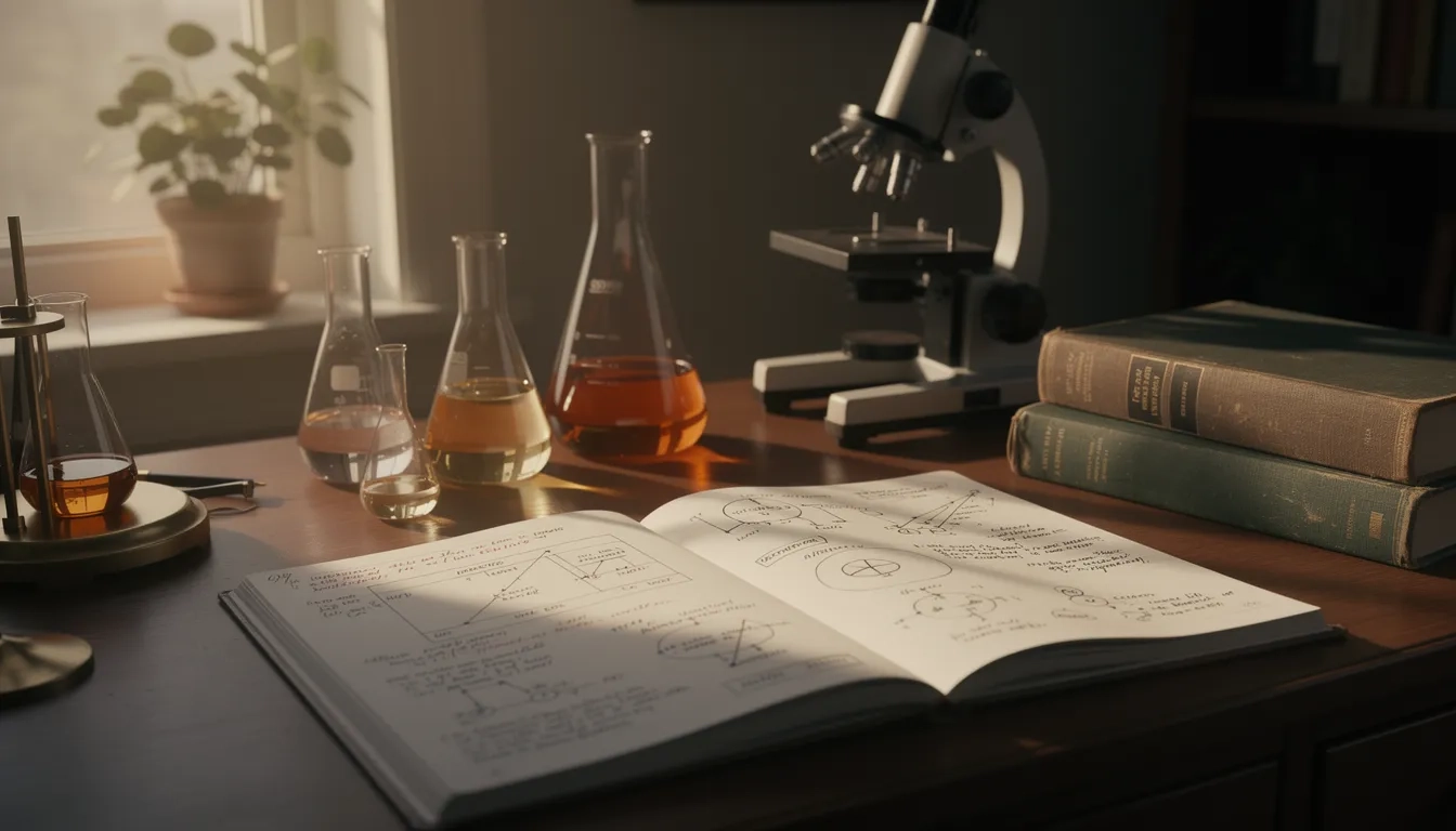 A sunlit academic desk with research notebooks and lab equipment symbolizing undergraduate research