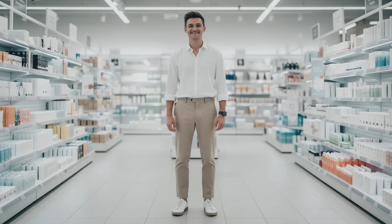 Student standing confidently in a modern retail store