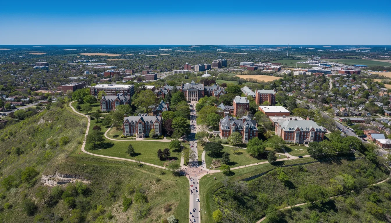 Aerial view of University of Kansas campus on Mount Oread