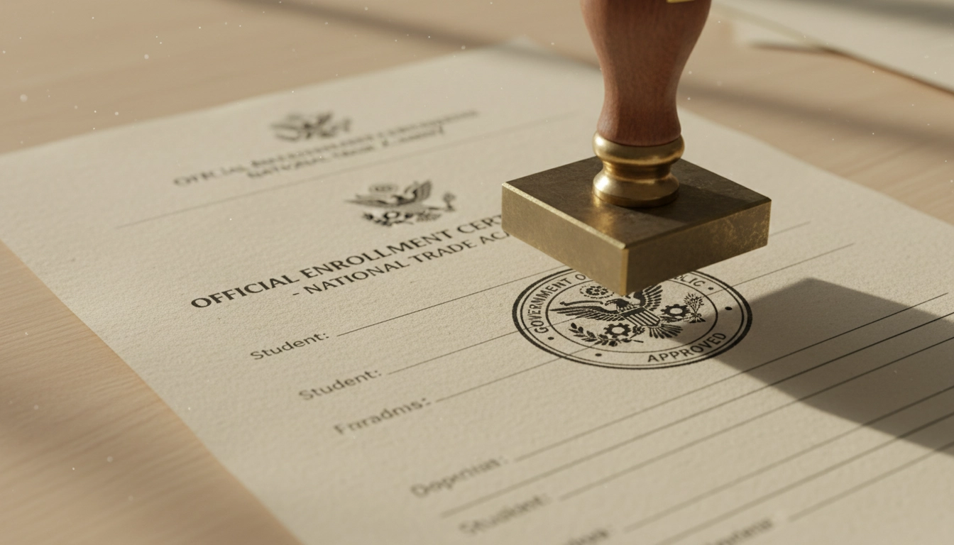 Official approval stamp on a trade school enrollment document