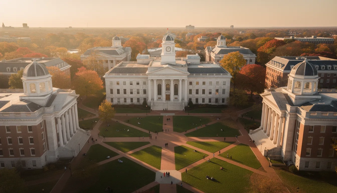 Aerial view of an elite American university campus at golden hour
