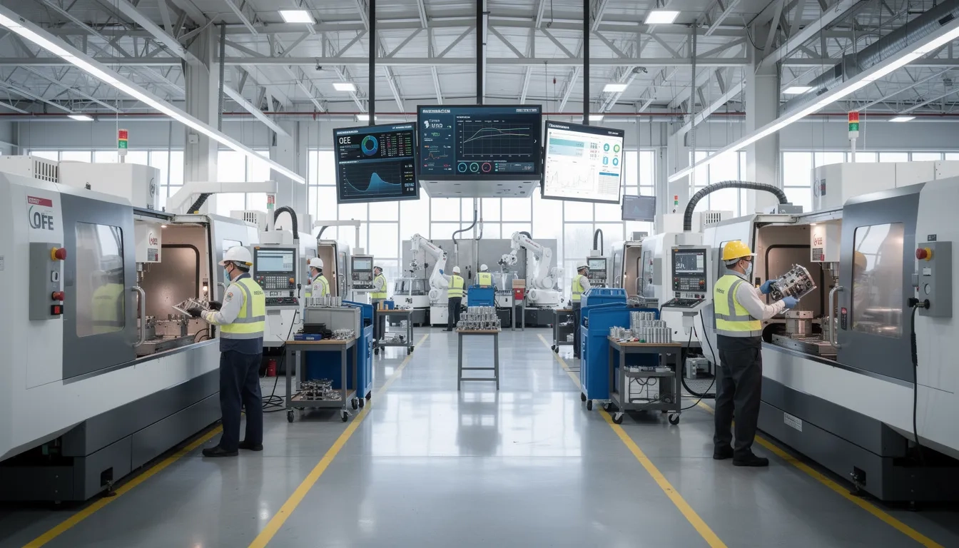 Workers operating advanced machinery on a modern manufacturing plant floor