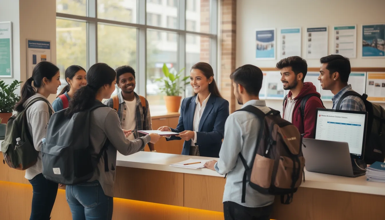 International students receiving support at a university office
