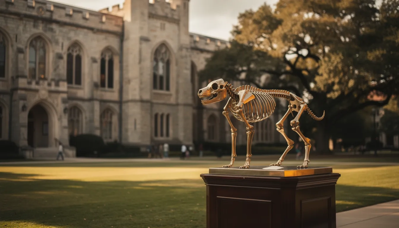 University veterinary research building at golden hour with anatomical display in foreground