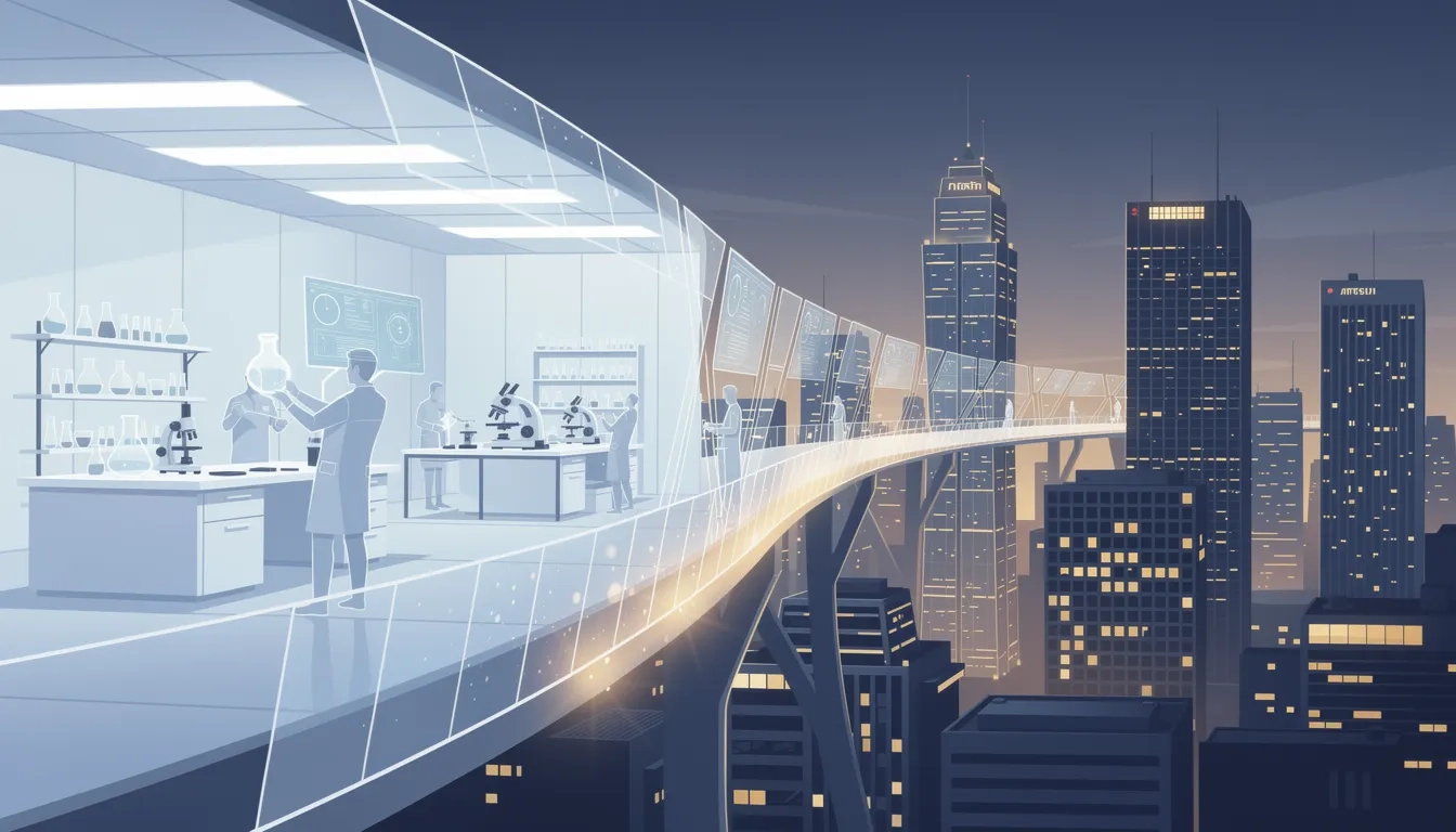 Laboratory transitioning into a city skyline representing technology transfer