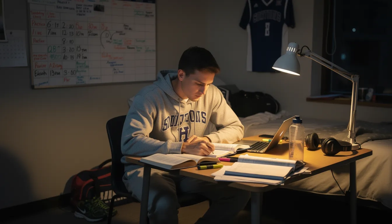 Student athlete studying at night with sports gear nearby and a packed calendar on the wall