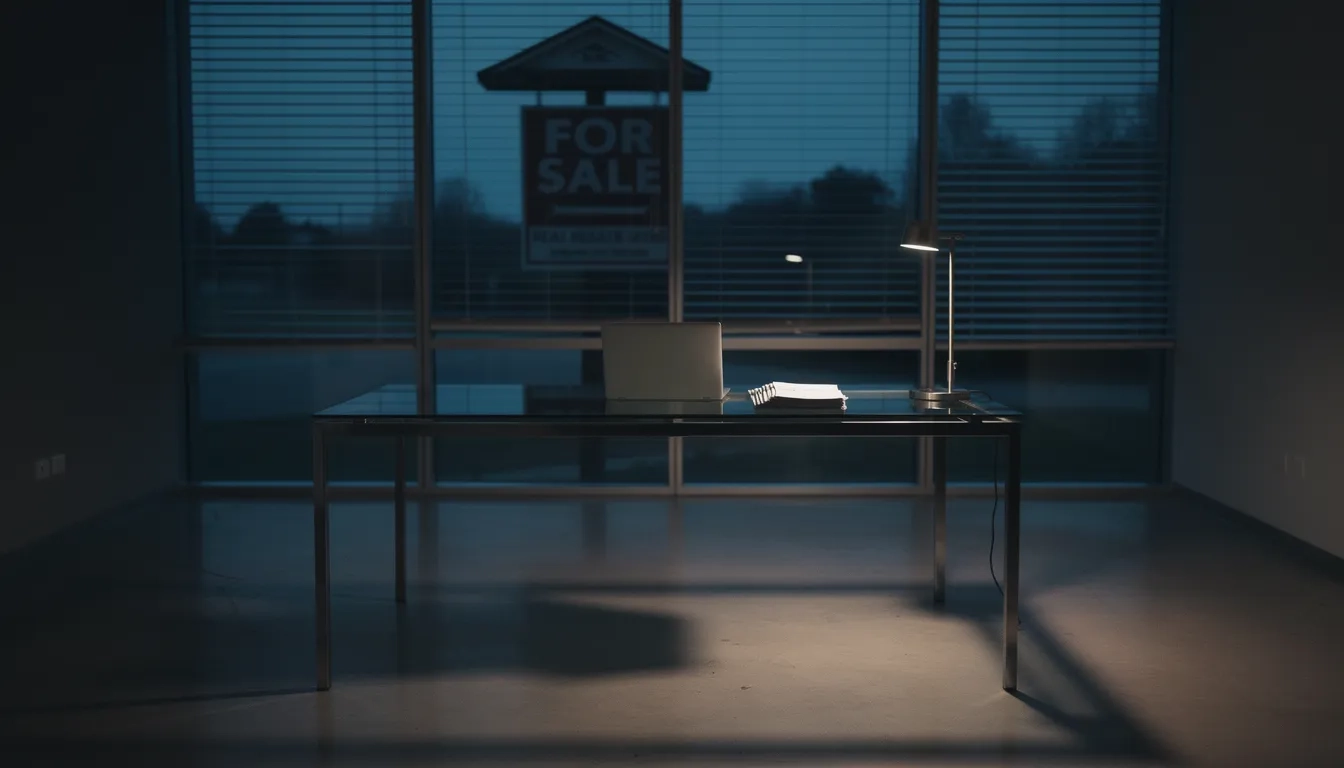 Empty modern real estate office at dusk symbolizing industry consolidation