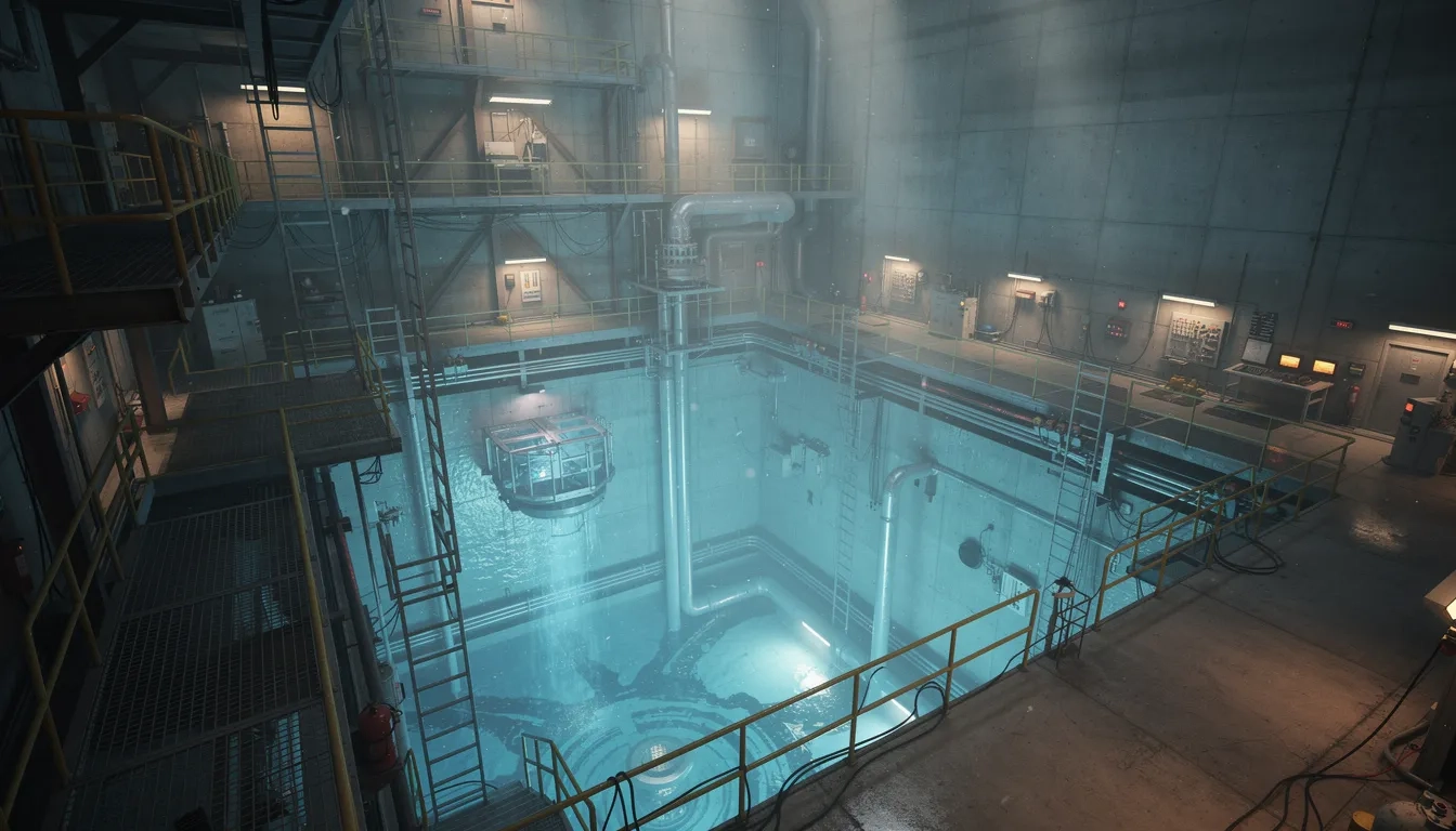 Glowing research reactor pool inside a university nuclear engineering facility