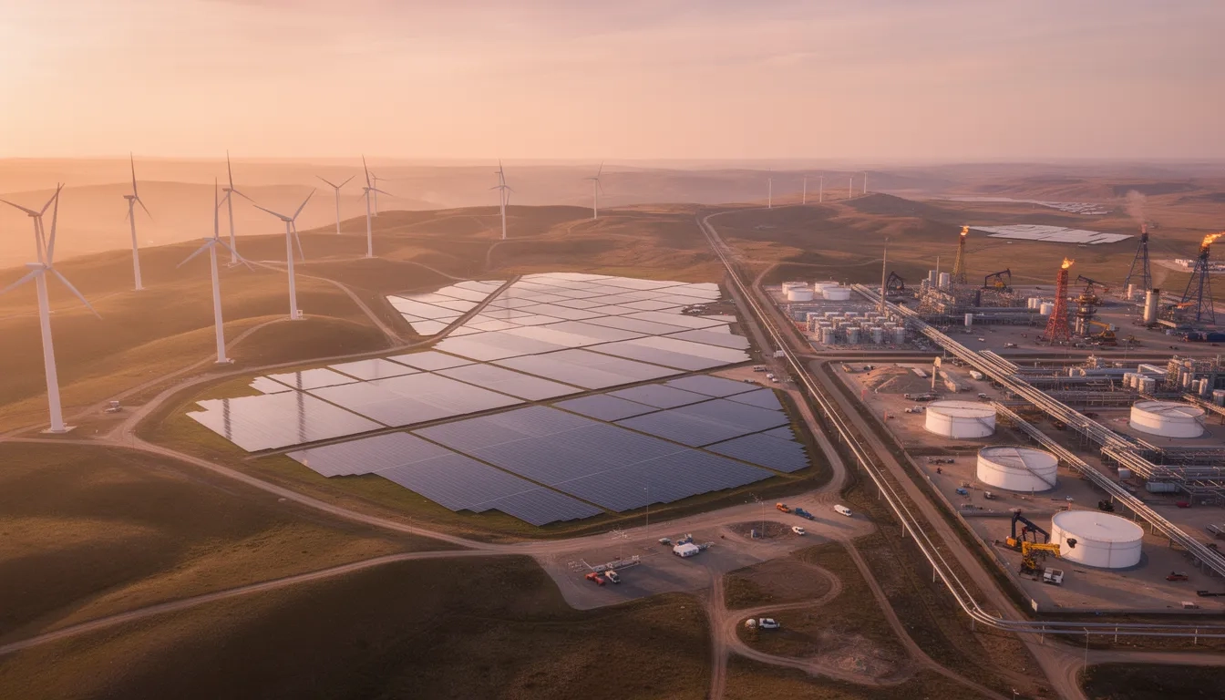 Aerial view of diverse energy infrastructure including wind turbines, solar panels, and oil facilities