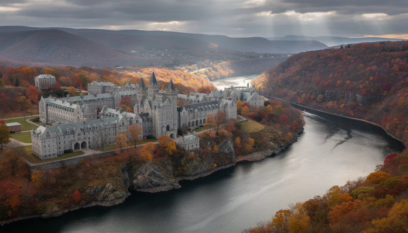 Aerial view of West Point Military Academy along the Hudson River