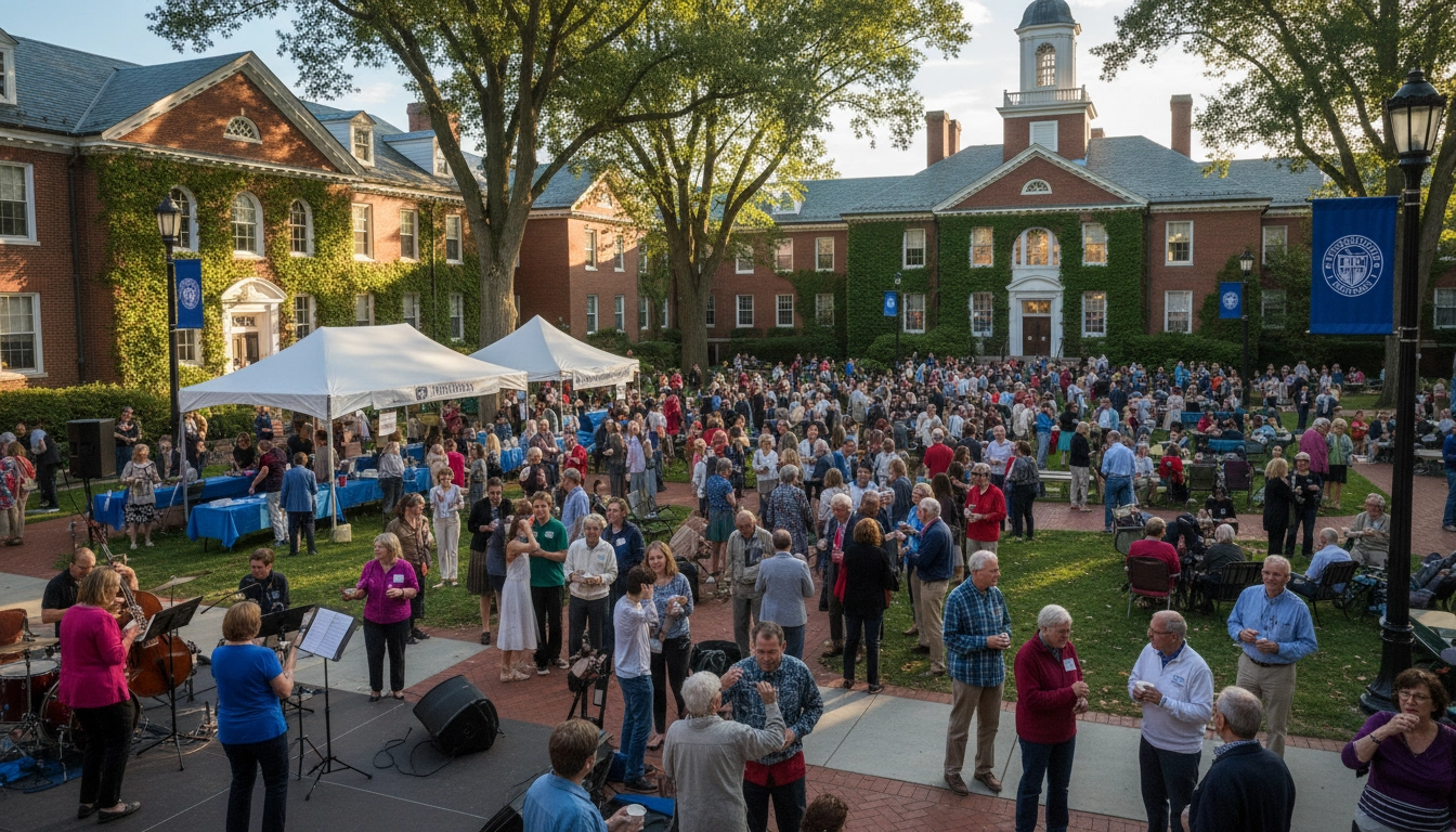 Alumni gathering on a university campus quad during a reunion weekend