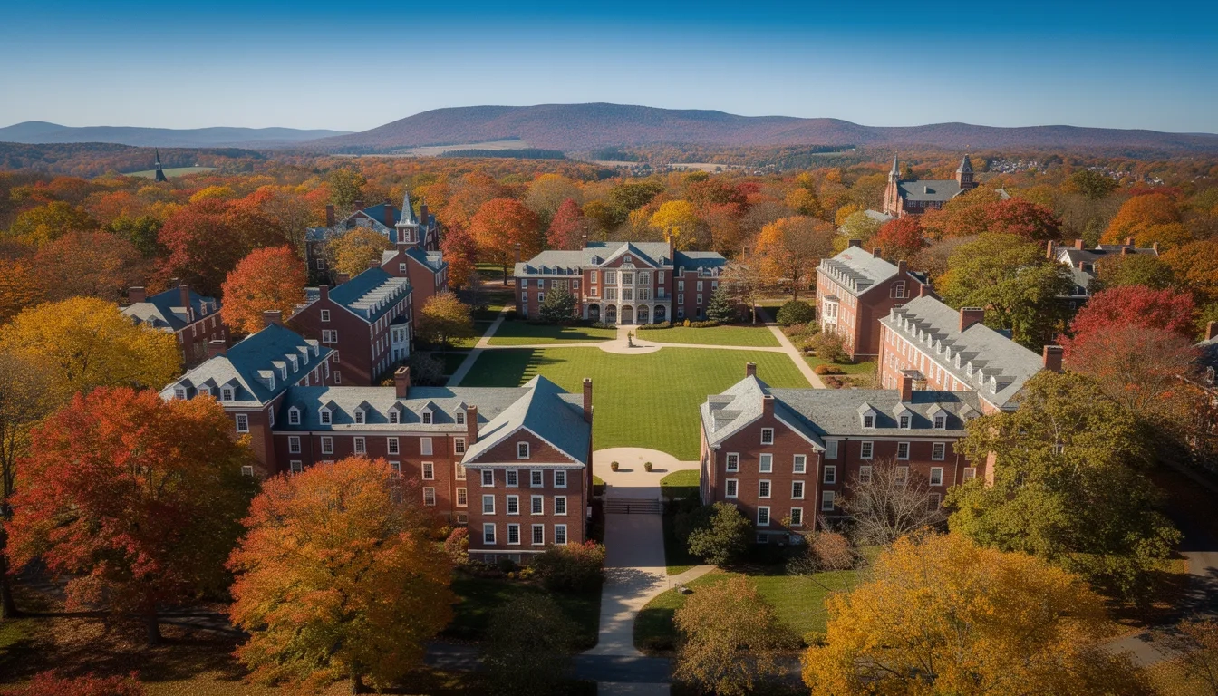 Amherst College campus aerial view in autumn